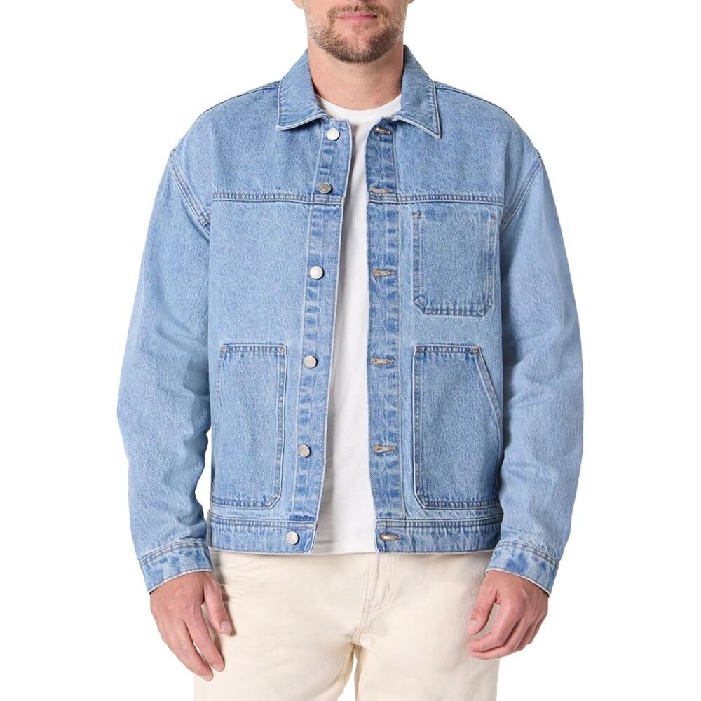 Men's Heavyweight Rigid Blue Denim Relaxed-Fit Utility Jacket with Pockets sz M